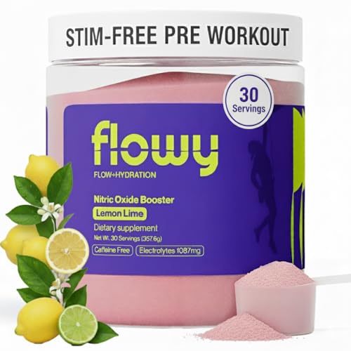 flowy Stim Free Pre Workout – Caffeine-Free Pump Supplement & Nitric Oxide Booster | L-Citrulline, All Natural Electrolytes for Hydration | Lemon Lime, 30 Servings